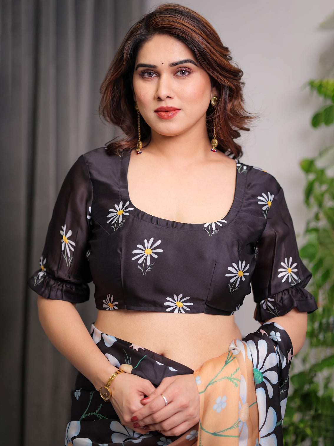 Black peach daisy floral printed satin georgette saree with contrast pallu and designer attached blouse