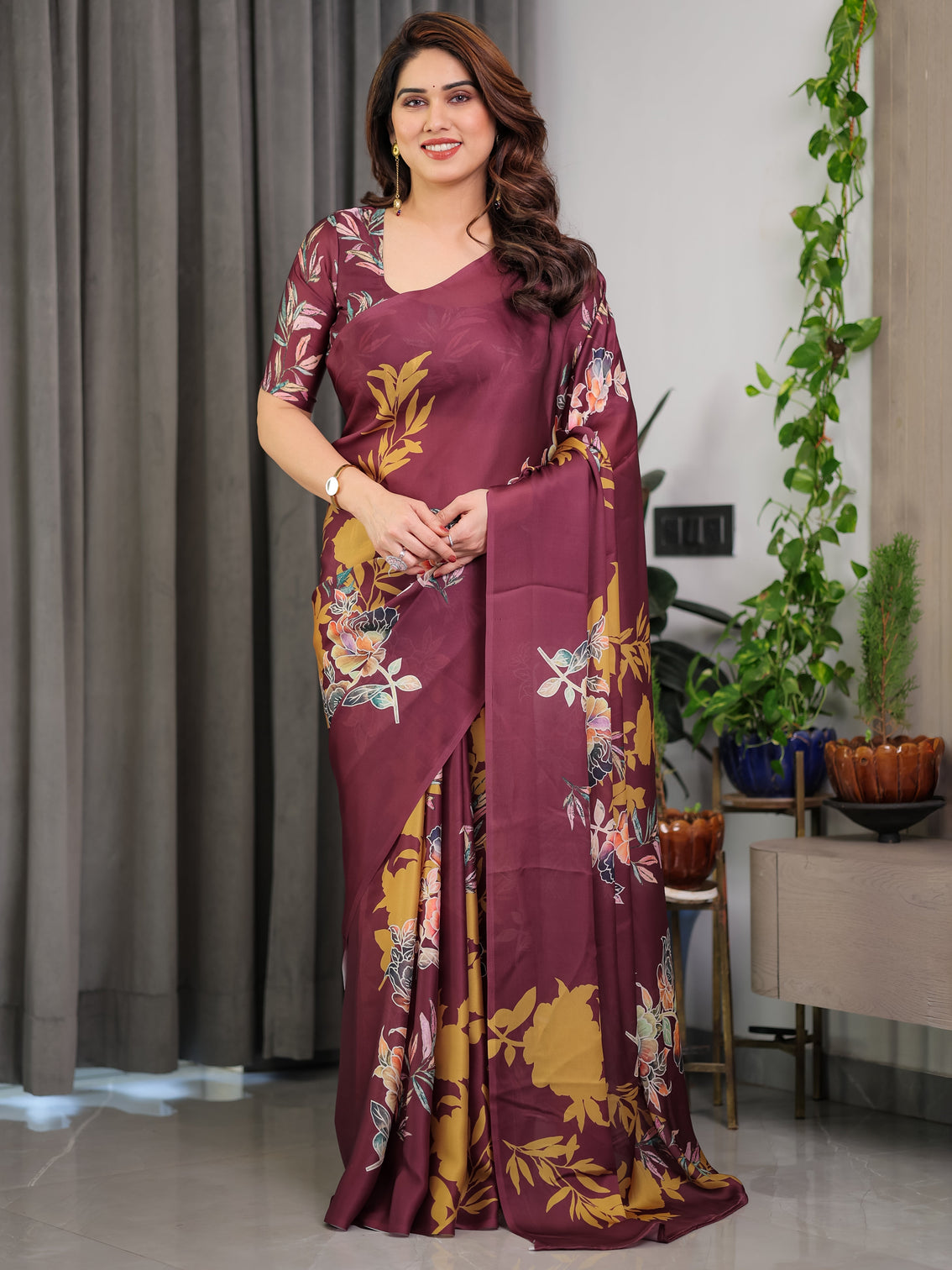 Maroon floral satin georgette saree with mustard leaf print designer attached blouse soft elegant draping saree mameraa