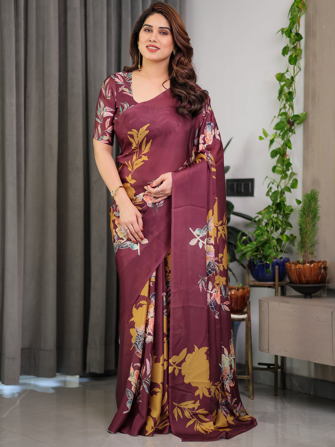 Maroon floral satin georgette saree with mustard leaf print designer attached blouse soft elegant draping saree