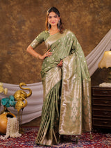 Sage Green Kanjivaram Banarasi Satin Silk Saree with Antique Silver Zari Weaving, Rich Heritage Pallu & Tassel Detailing