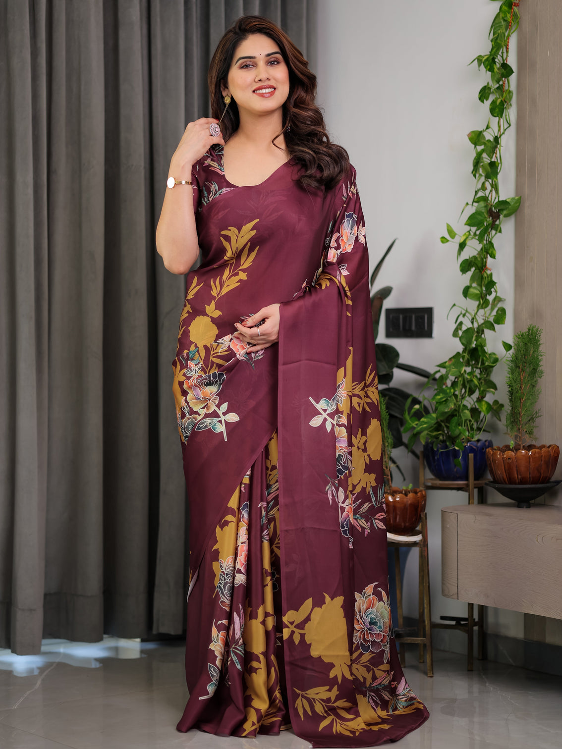 Maroon floral satin georgette saree with mustard leaf print designer attached blouse soft elegant draping saree