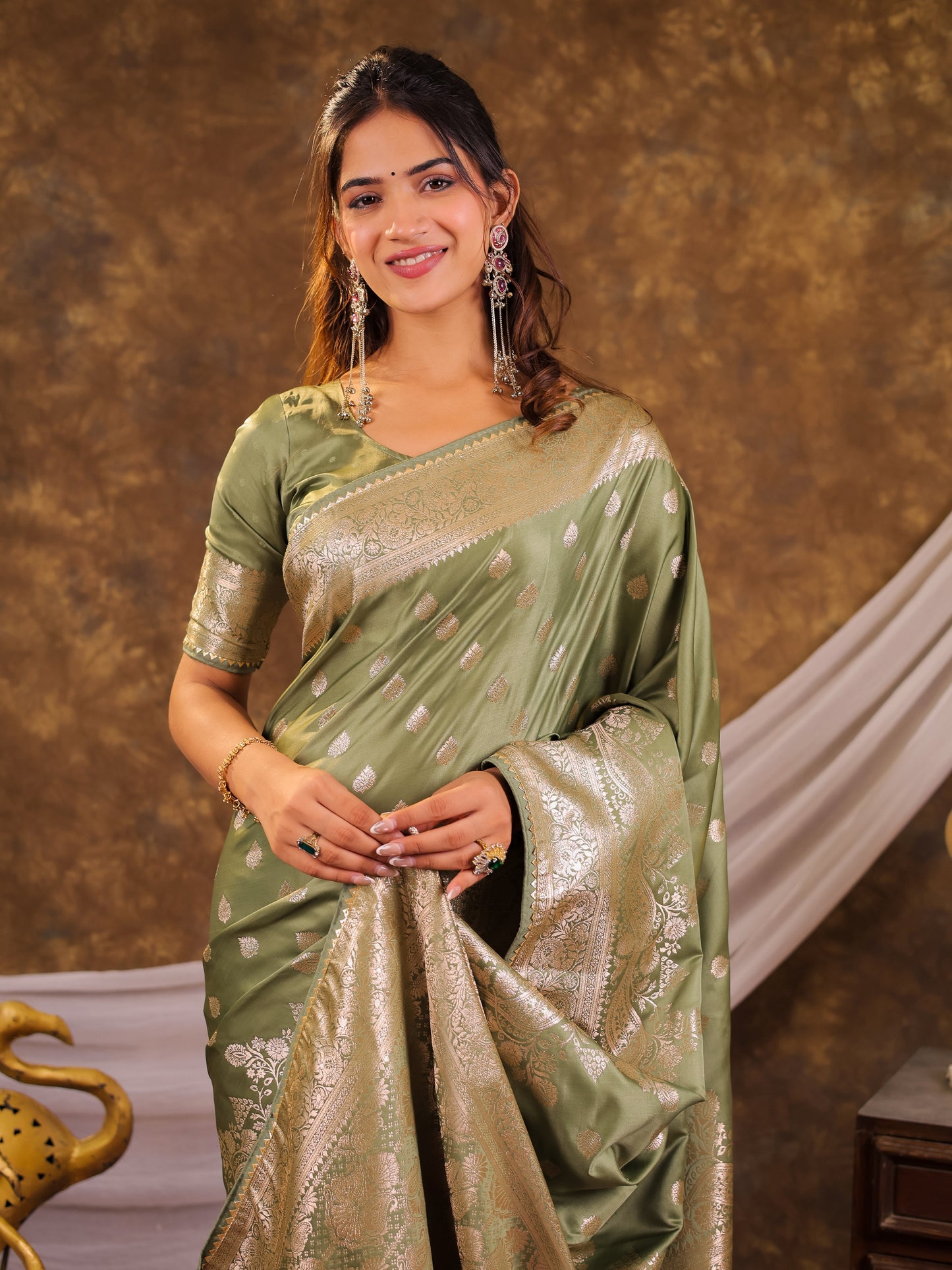 Sage Green Kanjivaram Banarasi Satin Silk Saree with Antique Silver Zari Weaving, Rich Heritage Pallu & Tassel Detailing