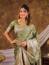 Sage Green Kanjivaram Banarasi Satin Silk Saree with Antique Silver Zari Weaving, Rich Heritage Pallu & Tassel Detailing