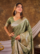 Sage Green Kanjivaram Banarasi Satin Silk Saree with Antique Silver Zari Weaving, Rich Heritage Pallu & Tassel Detailing