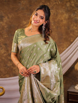 Sage Green Kanjivaram Banarasi Satin Silk Saree with Antique Silver Zari Weaving, Rich Heritage Pallu & Tassel Detailing