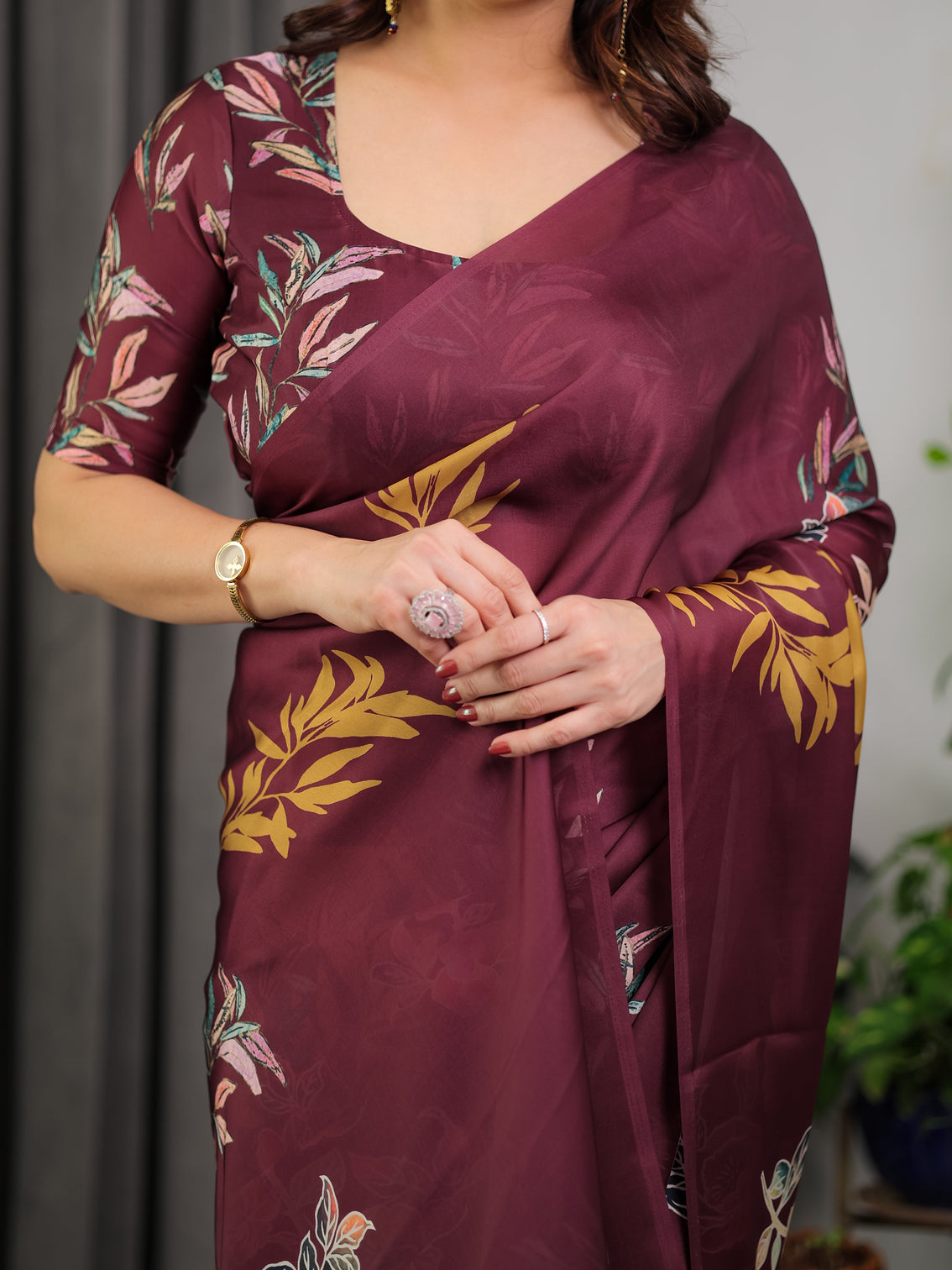 Maroon floral satin georgette saree with mustard leaf print designer attached blouse soft elegant draping saree