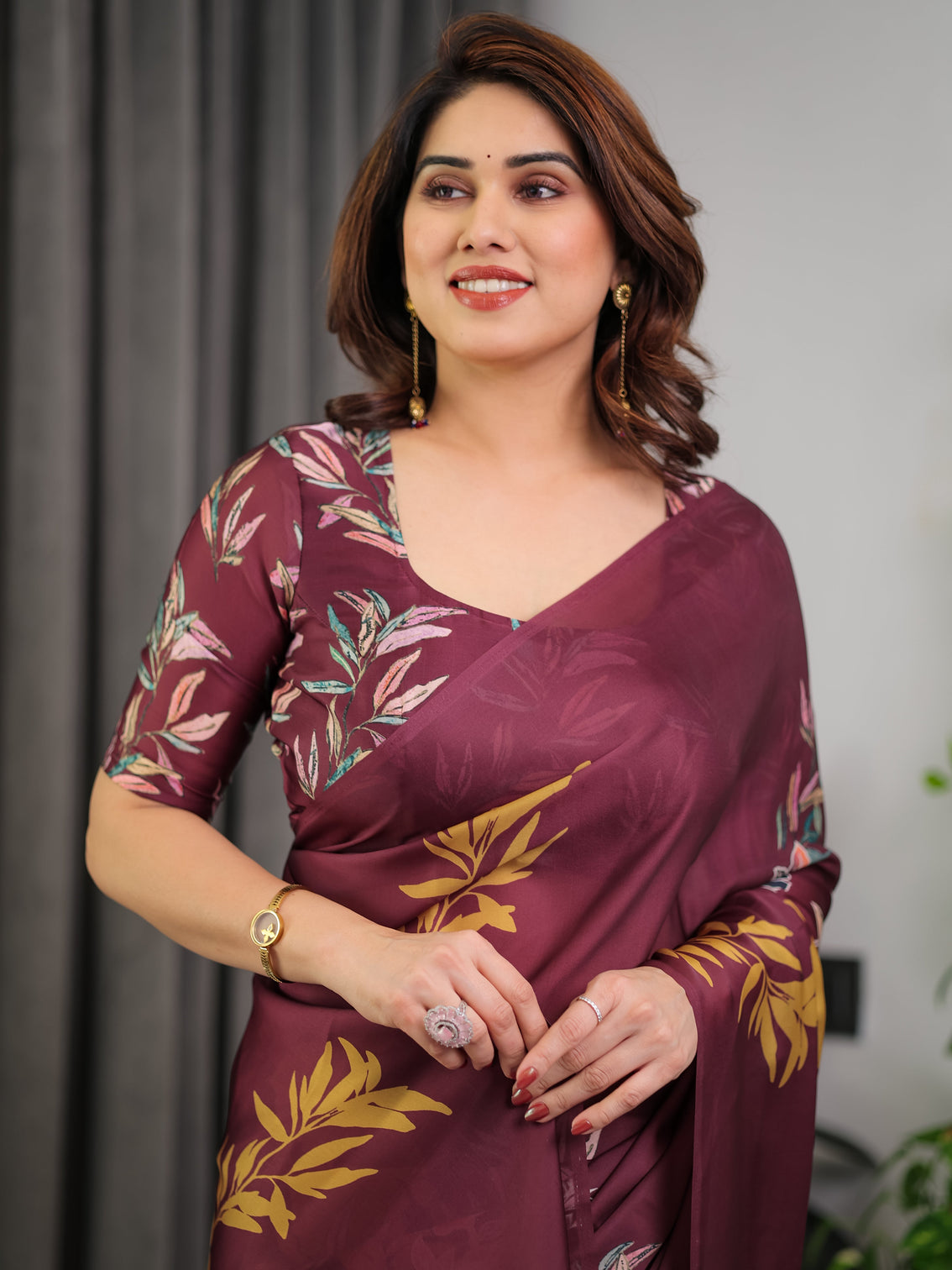 Maroon floral satin georgette saree with mustard leaf print designer attached blouse soft elegant draping saree