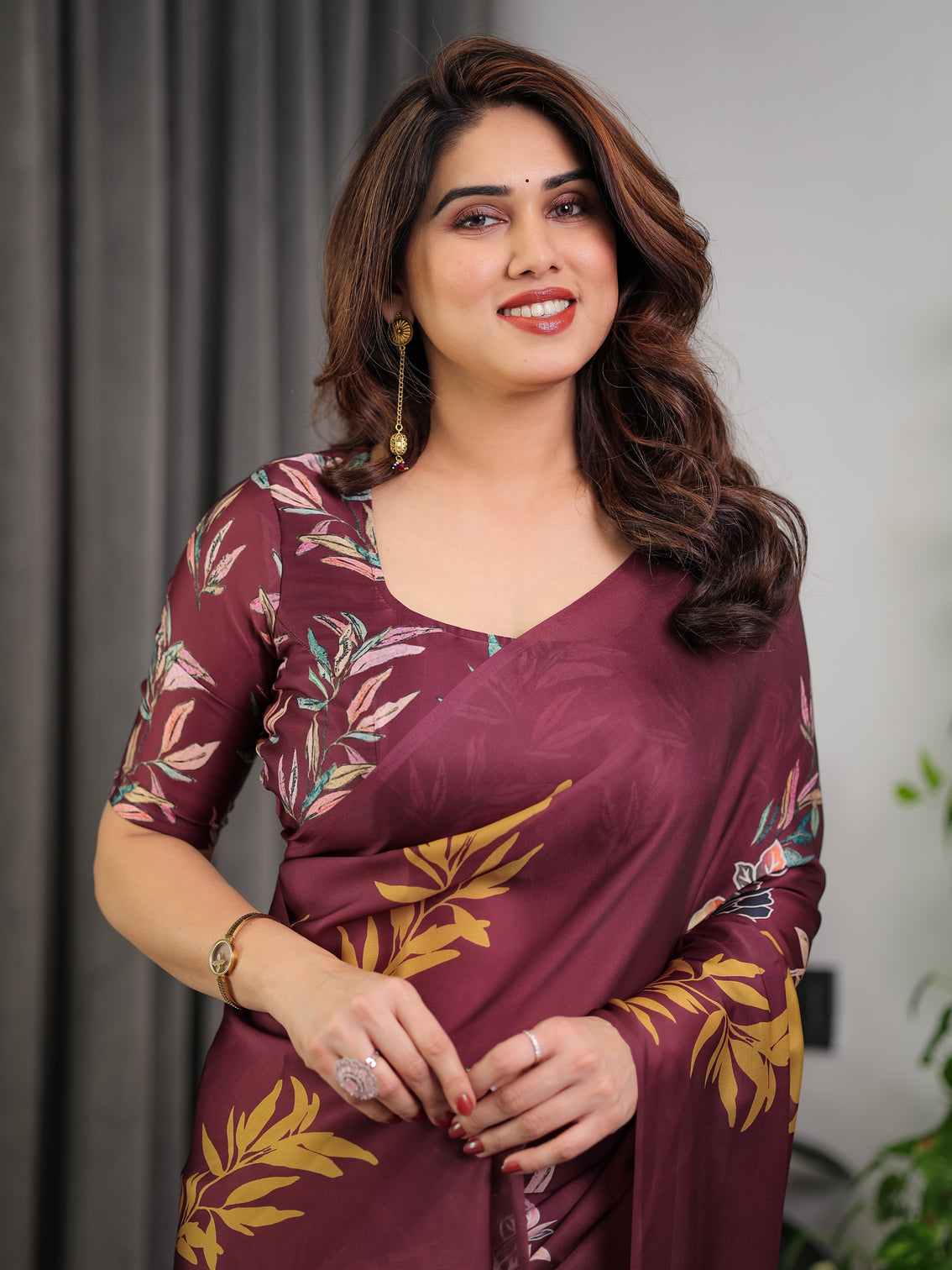 Maroon floral satin georgette saree with mustard leaf print designer attached blouse soft elegant draping saree