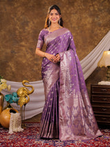 Lavender Kanjivaram Banarasi Satin Silk Saree with Antique Silver Zari Weaving, Rich Heritage Pallu & Tassel Detailing