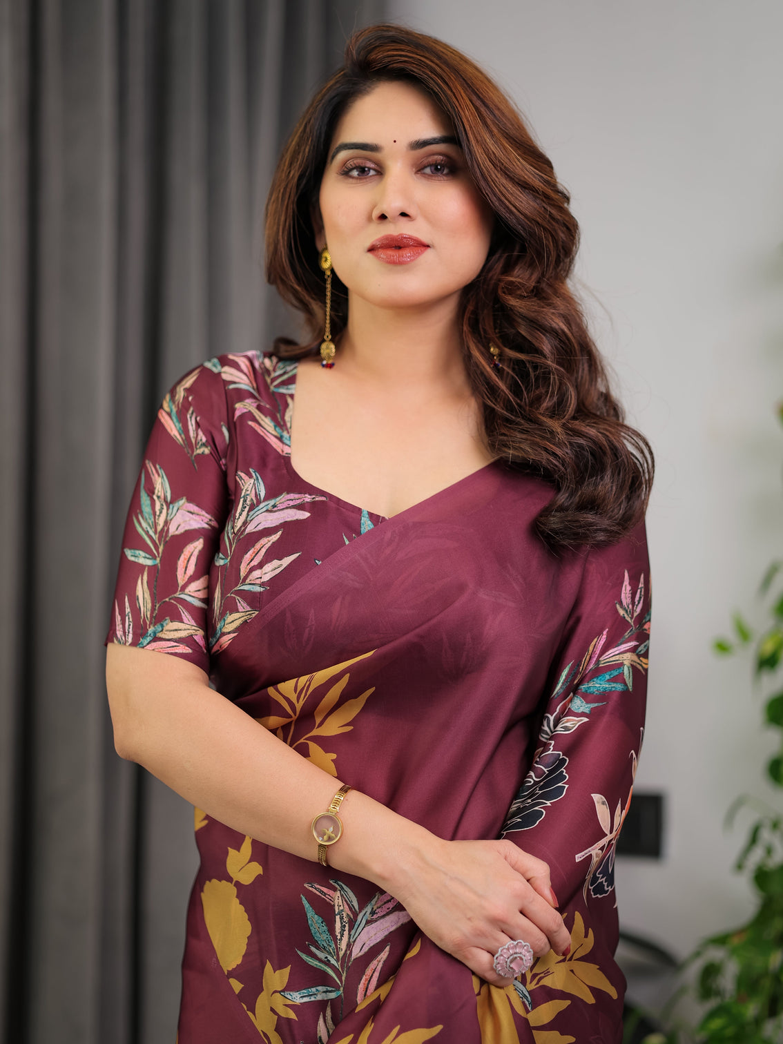 Maroon floral satin georgette saree with mustard leaf print designer attached blouse soft elegant draping saree