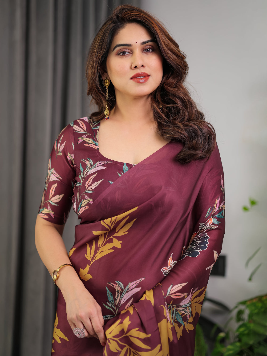 Maroon floral satin georgette saree with mustard leaf print designer attached blouse soft elegant draping saree
