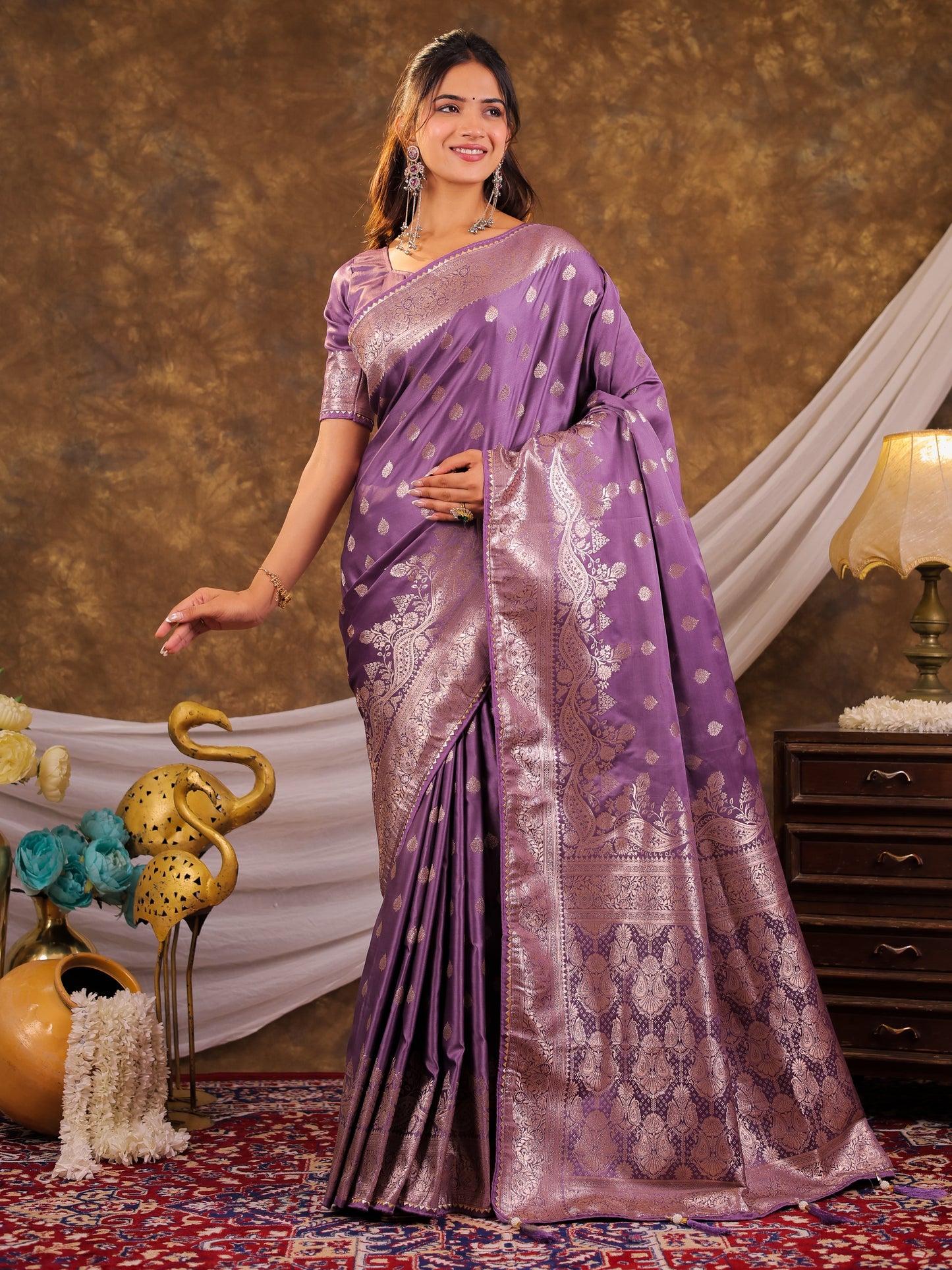 Lavender Kanjivaram Banarasi Satin Silk Saree with Antique Silver Zari Weaving, Rich Heritage Pallu & Tassel Detailing