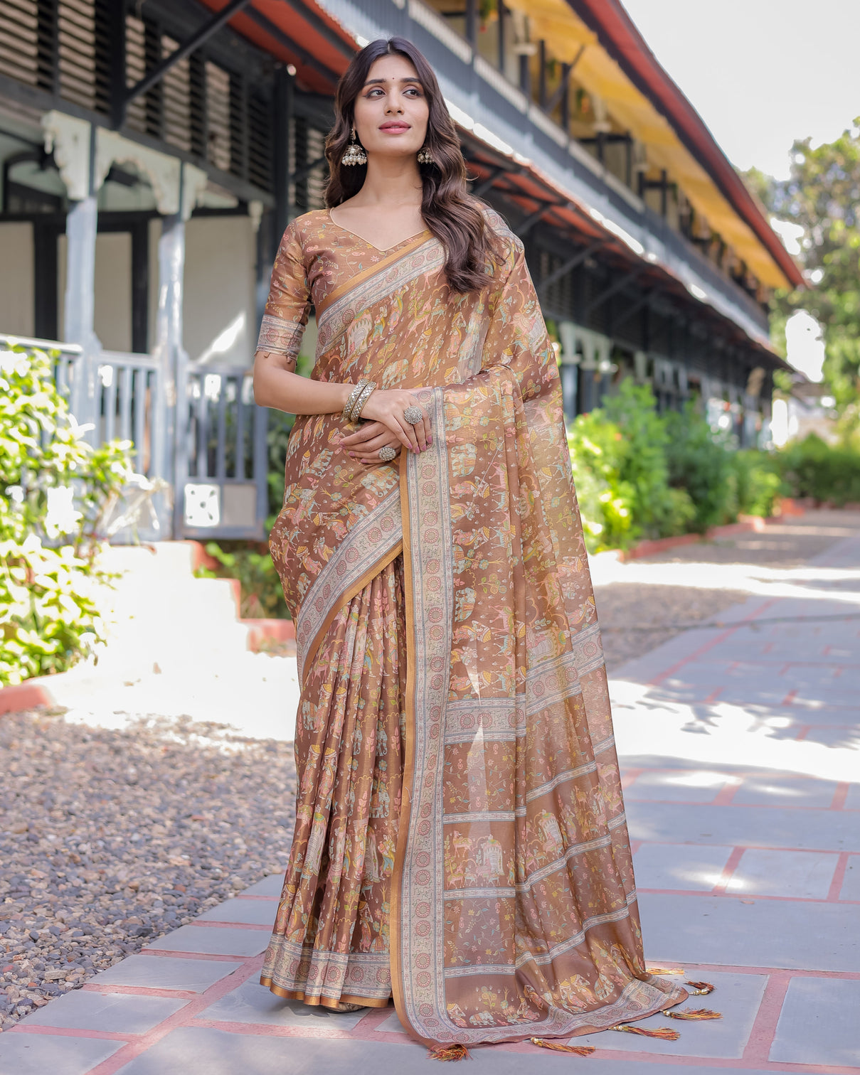 Royal brown procession print handloom cotton saree with illustrated pallu blouse mameraa