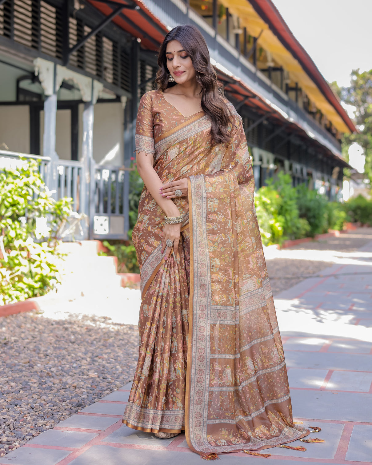 Royal brown procession print handloom cotton saree with illustrated pallu blouse