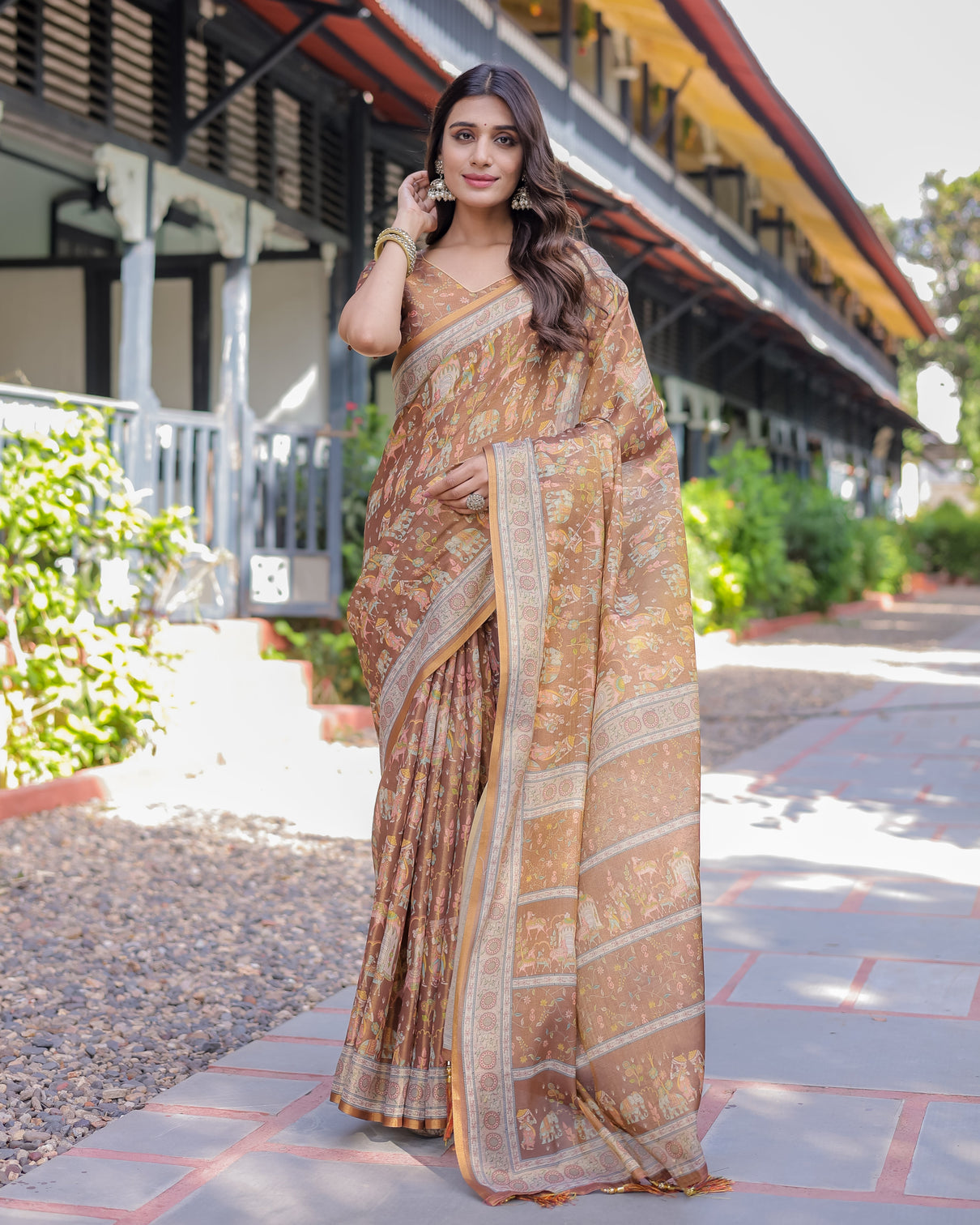 Royal brown procession print handloom cotton saree with illustrated pallu blouse