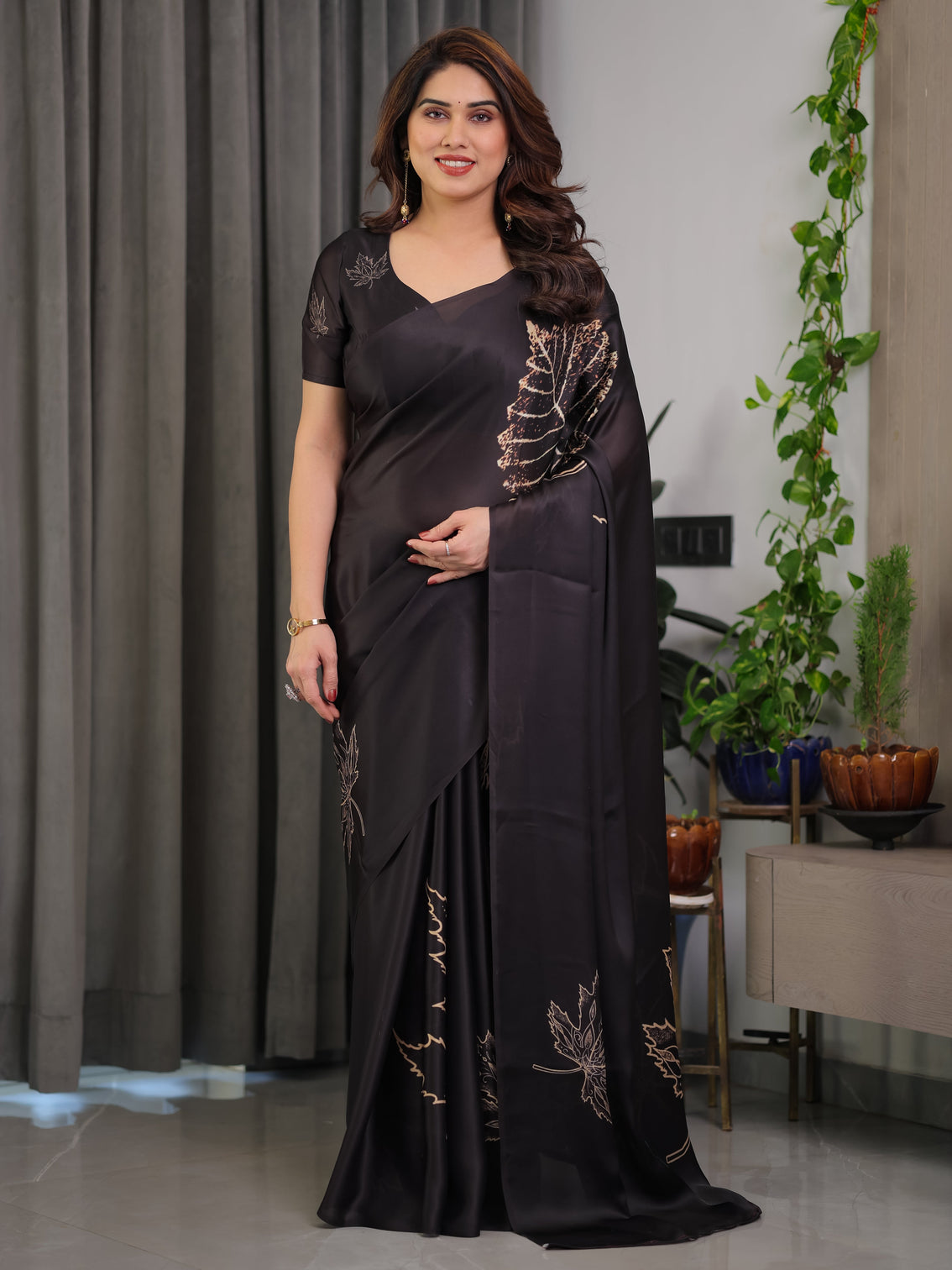 Black satin georgette saree with gold leaf outline print designer attached blouse elegant minimal botanical saree mameraa