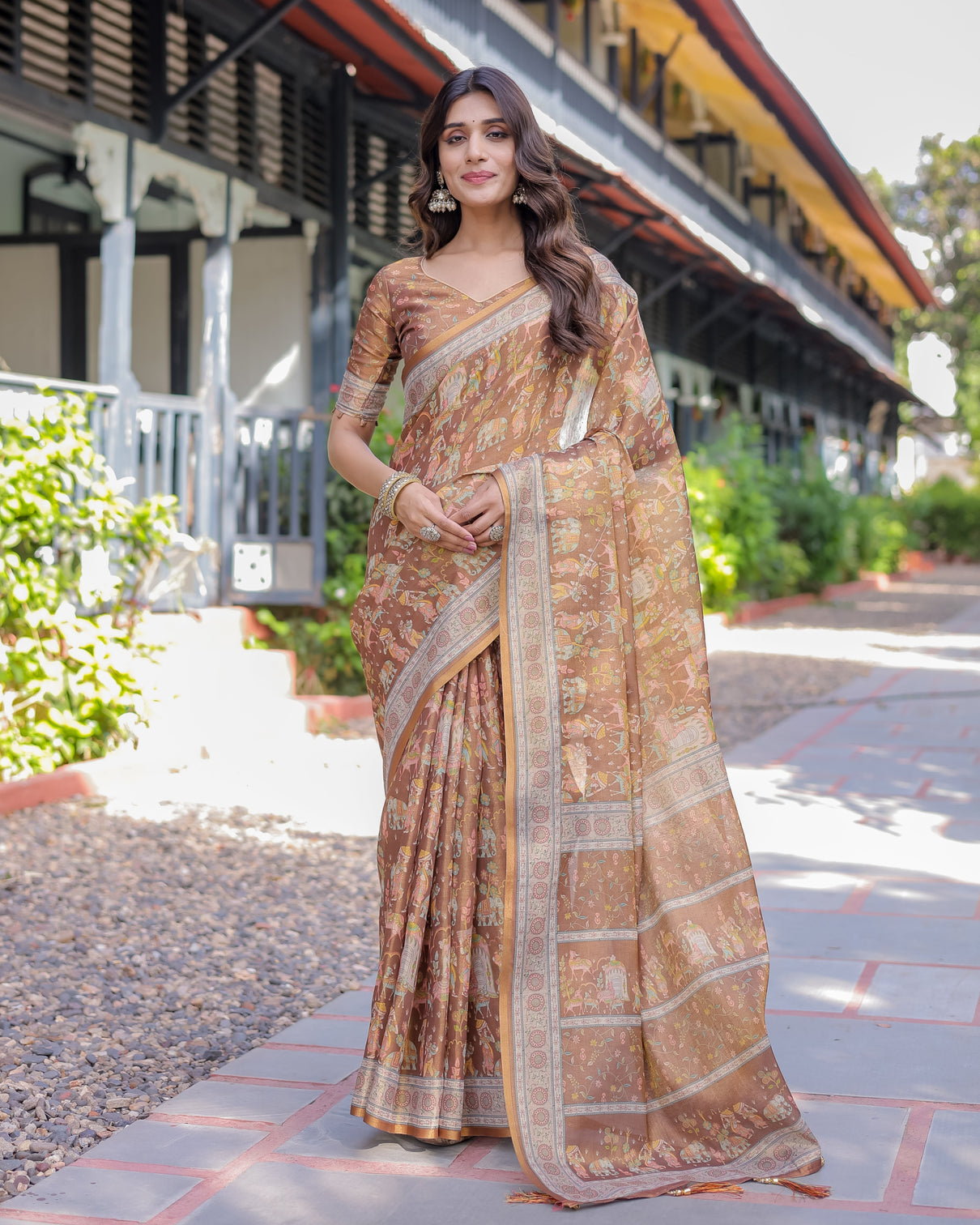 Royal brown procession print handloom cotton saree with illustrated pallu blouse