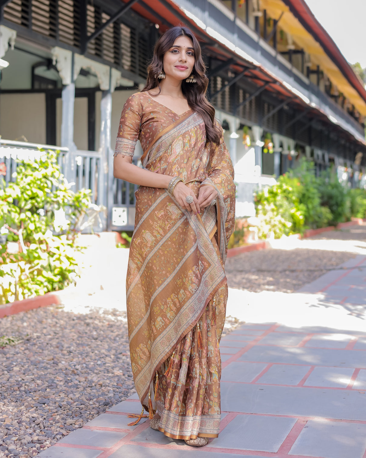 Royal brown procession print handloom cotton saree with illustrated pallu blouse