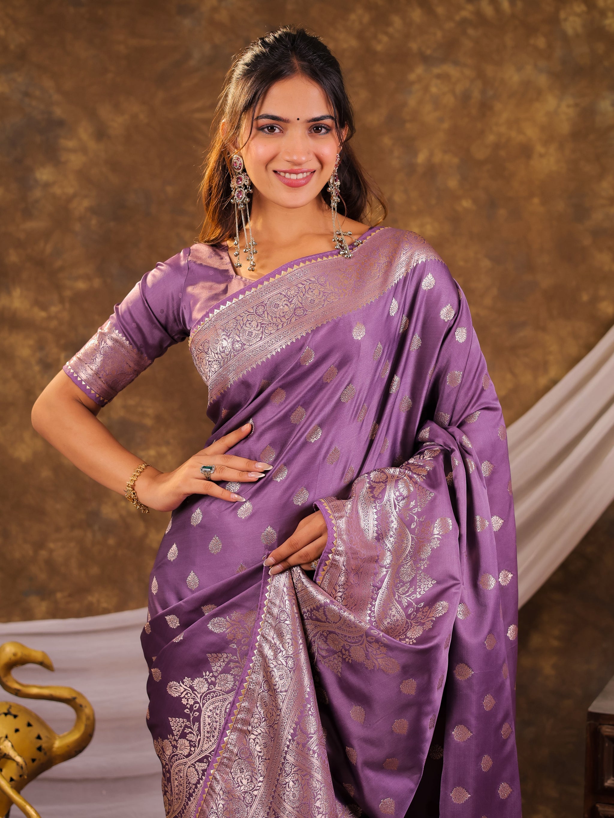 Lavender Kanjivaram Banarasi Satin Silk Saree with Antique Silver Zari Weaving, Rich Heritage Pallu & Tassel Detailing