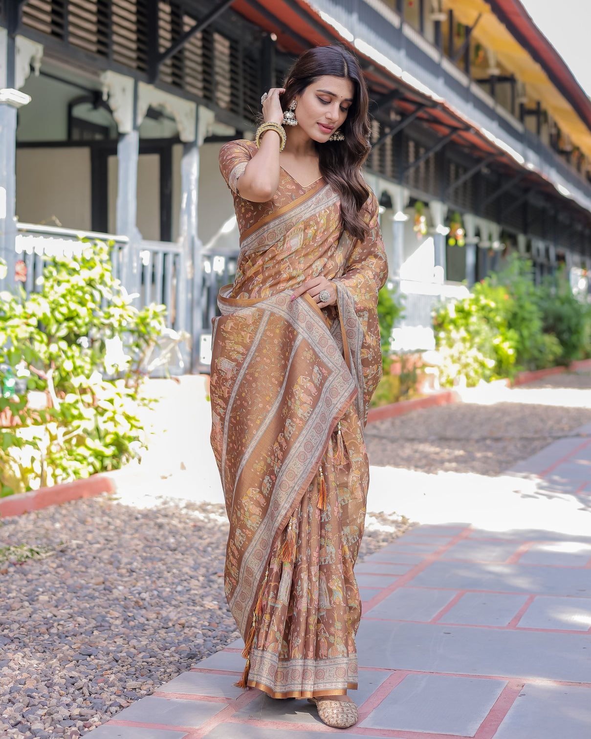 Royal brown procession print handloom cotton saree with illustrated pallu blouse