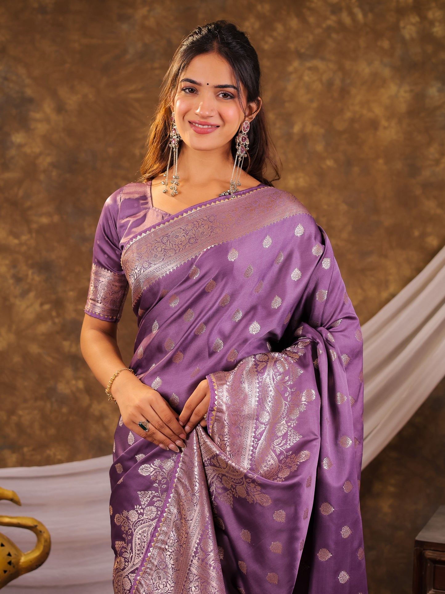 Lavender Kanjivaram Banarasi Satin Silk Saree with Antique Silver Zari Weaving, Rich Heritage Pallu & Tassel Detailing