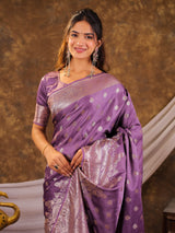 Lavender Kanjivaram Banarasi Satin Silk Saree with Antique Silver Zari Weaving, Rich Heritage Pallu & Tassel Detailing