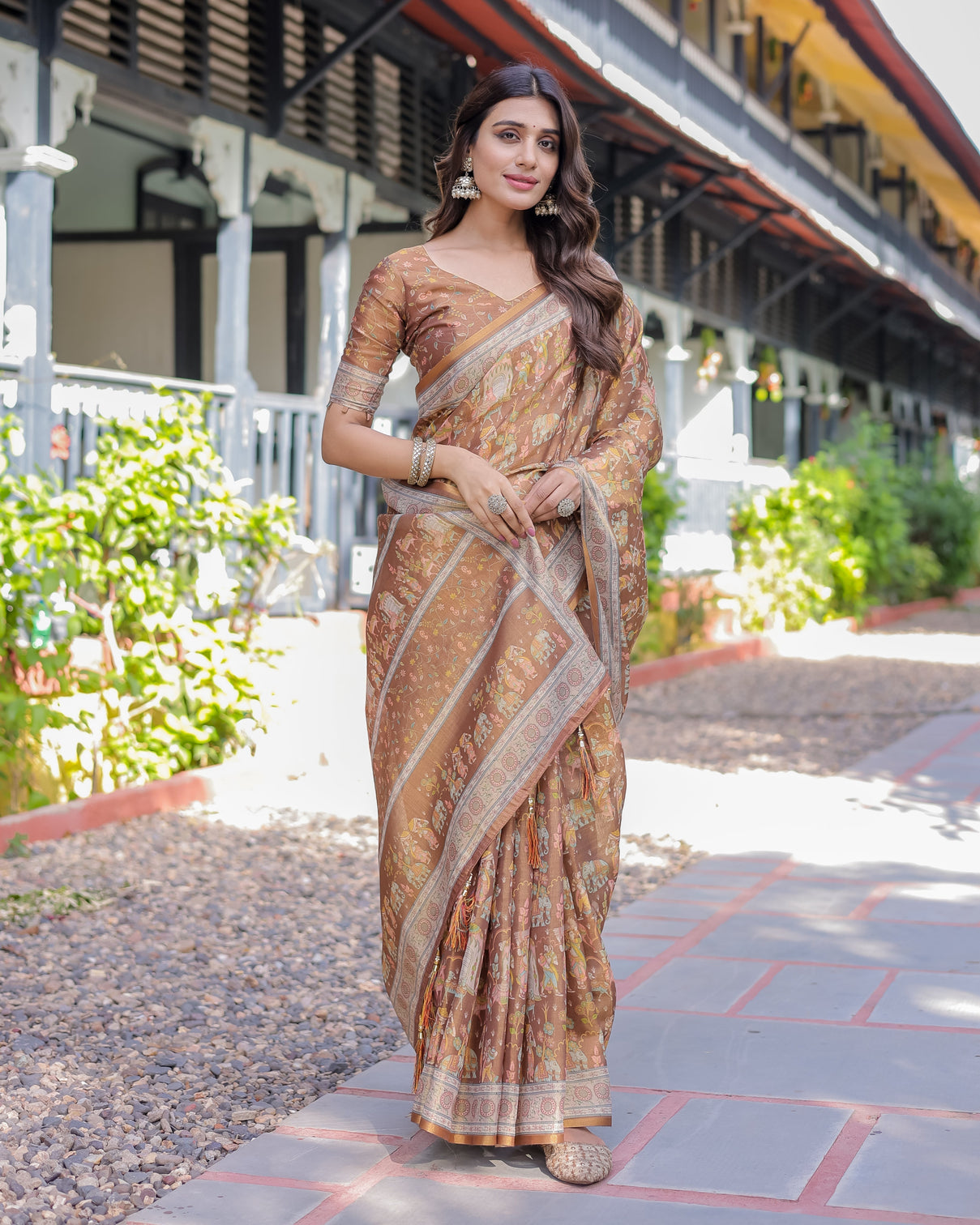 Royal brown procession print handloom cotton saree with illustrated pallu blouse