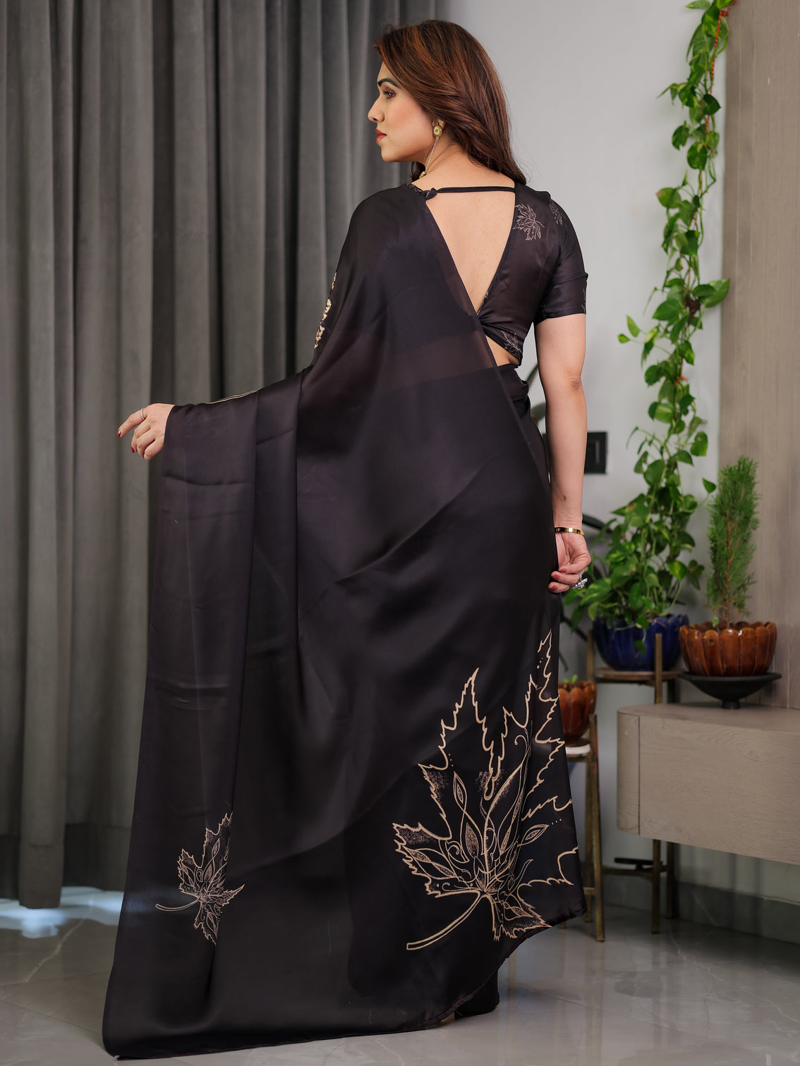 Black satin georgette saree with gold leaf outline print designer attached blouse elegant minimal botanical saree