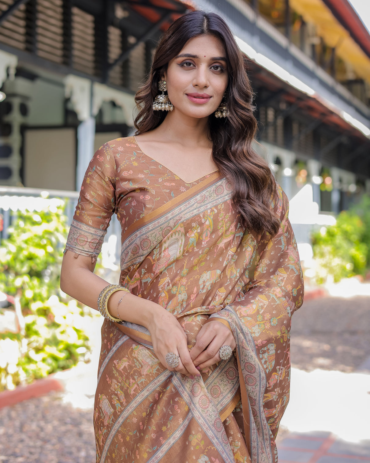 Royal brown procession print handloom cotton saree with illustrated pallu blouse