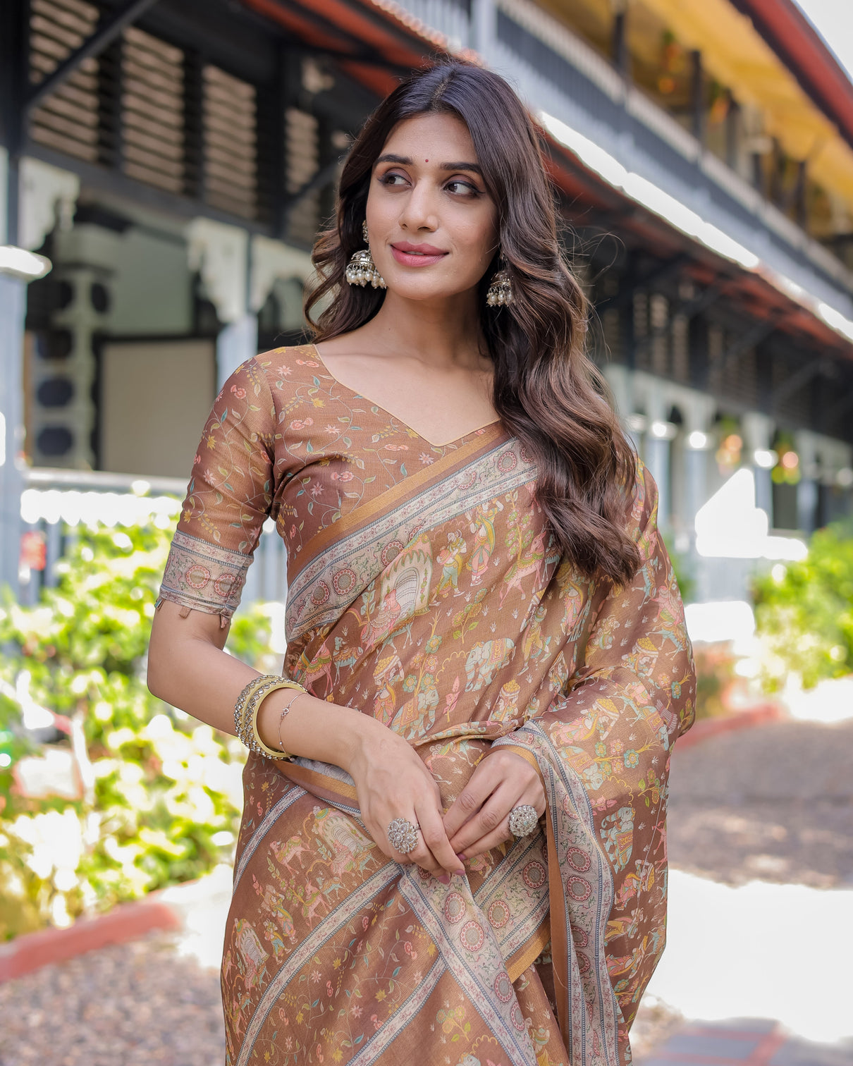 Royal brown procession print handloom cotton saree with illustrated pallu blouse