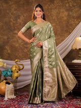 Pistachio Green Kanjivaram Banarasi Satin Silk Saree with Antique Silver Zari Weaving, Rich Heritage Pallu & Tassel Detailing