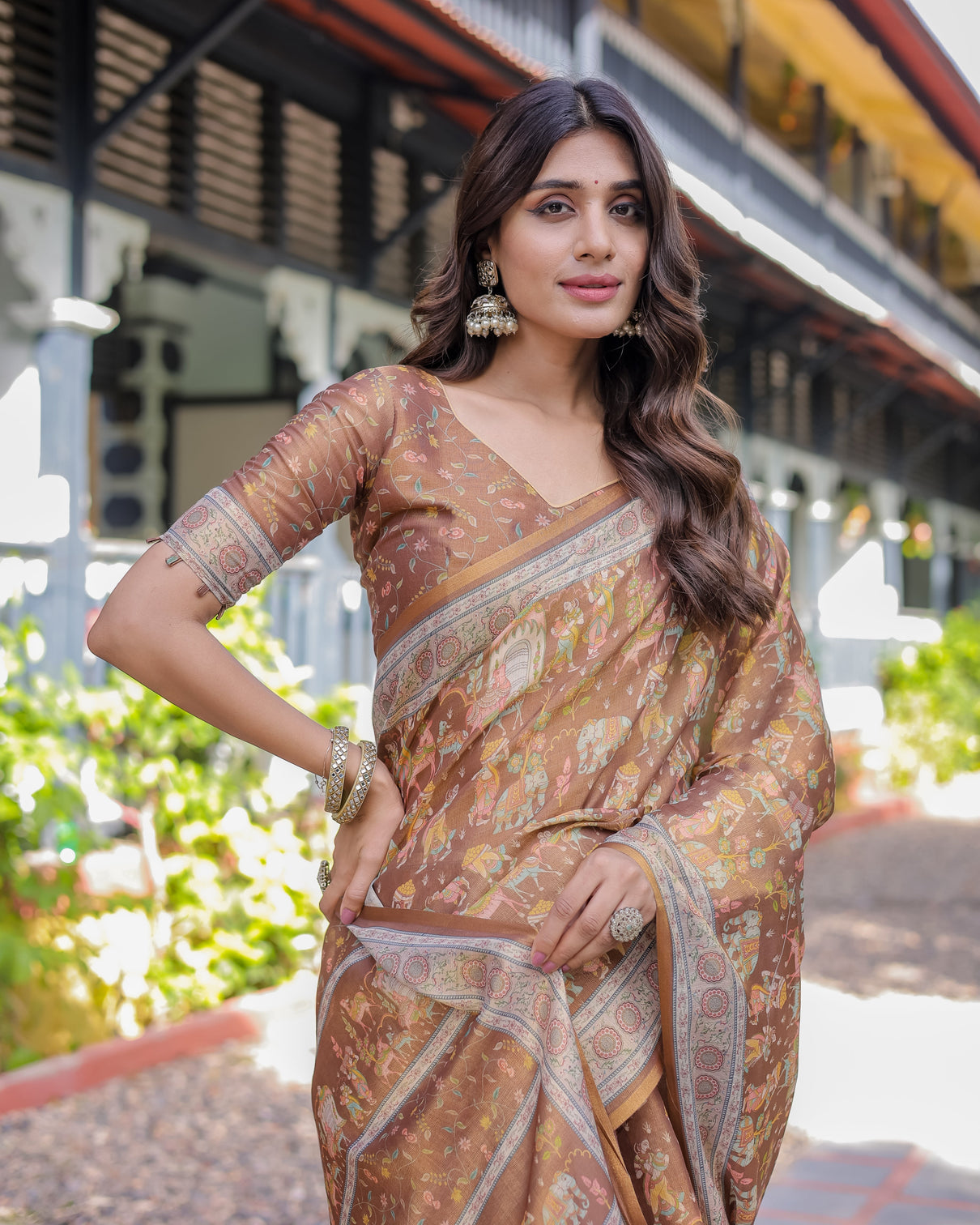 Royal brown procession print handloom cotton saree with illustrated pallu blouse