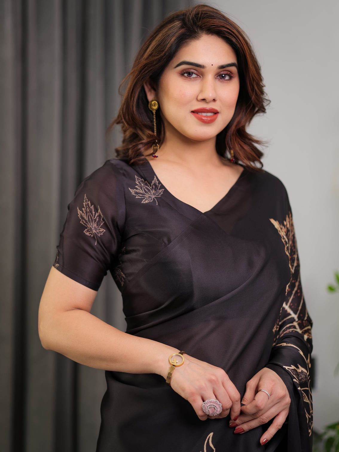 Black satin georgette saree with gold leaf outline print designer attached blouse elegant minimal botanical saree