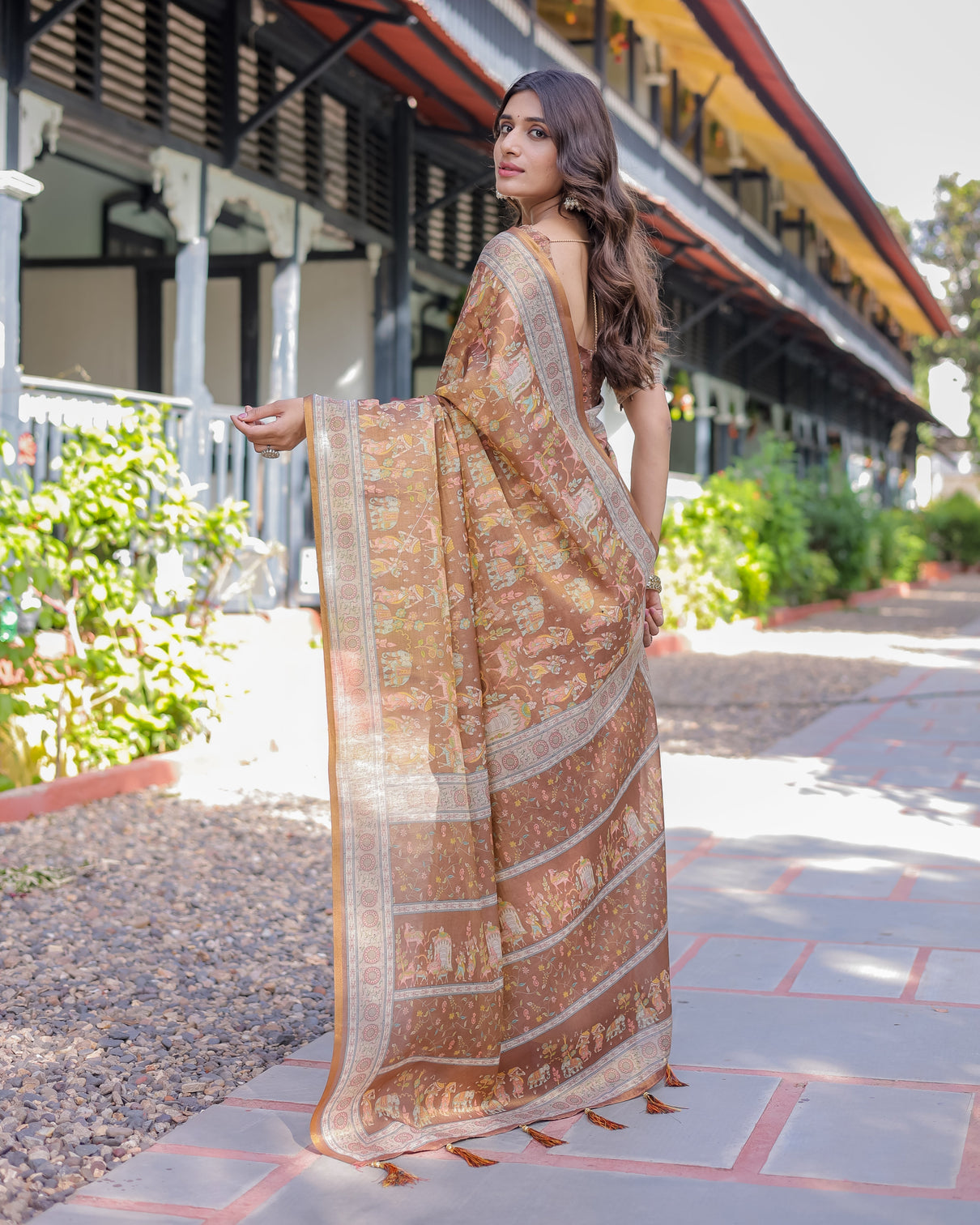 Royal brown procession print handloom cotton saree with illustrated pallu blouse