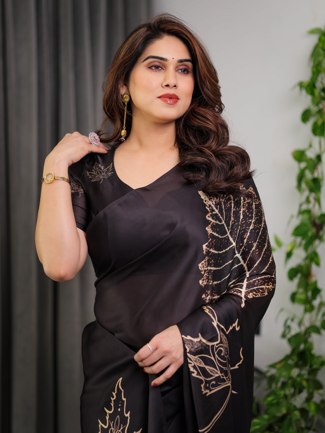 Black satin georgette saree with gold leaf outline print designer attached blouse elegant minimal botanical saree
