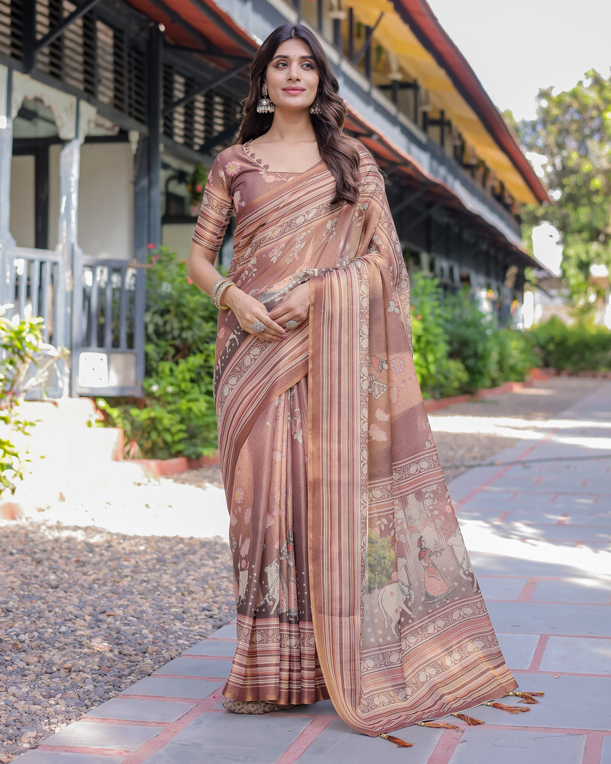 Divine brown handloom cotton saree with radha krishna cow motif ethnic village charm mameraa