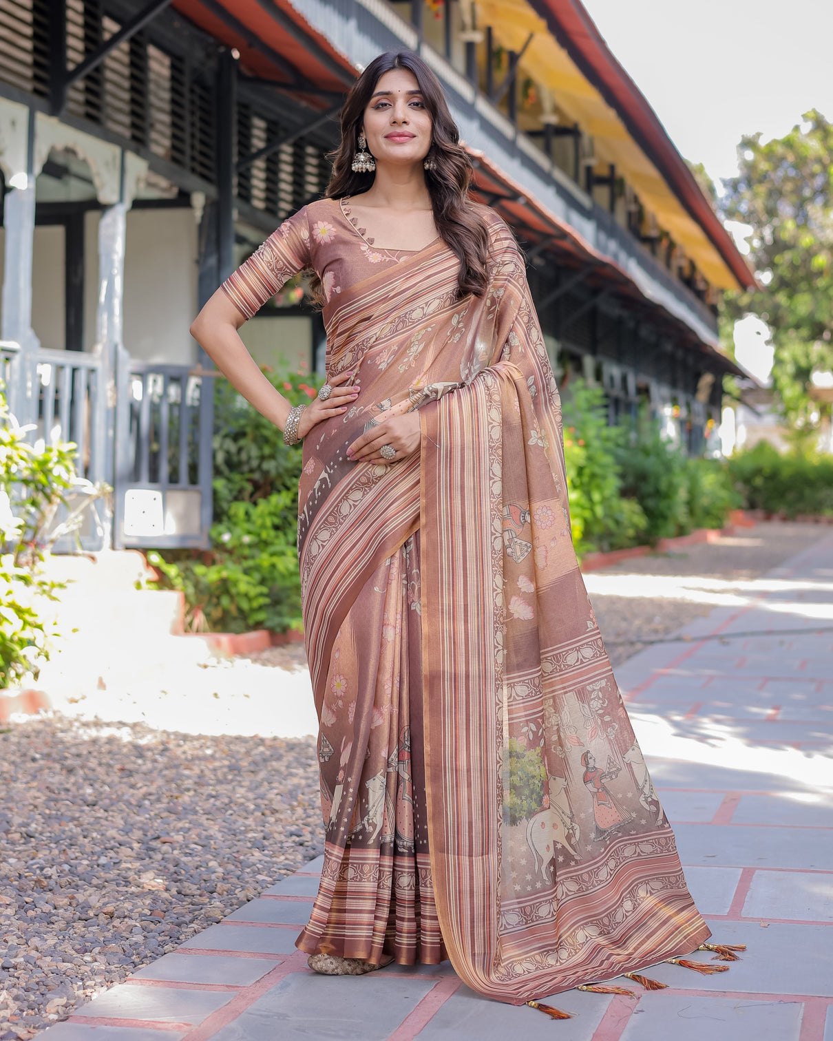 Divine brown handloom cotton saree with radha krishna cow motif ethnic village charm