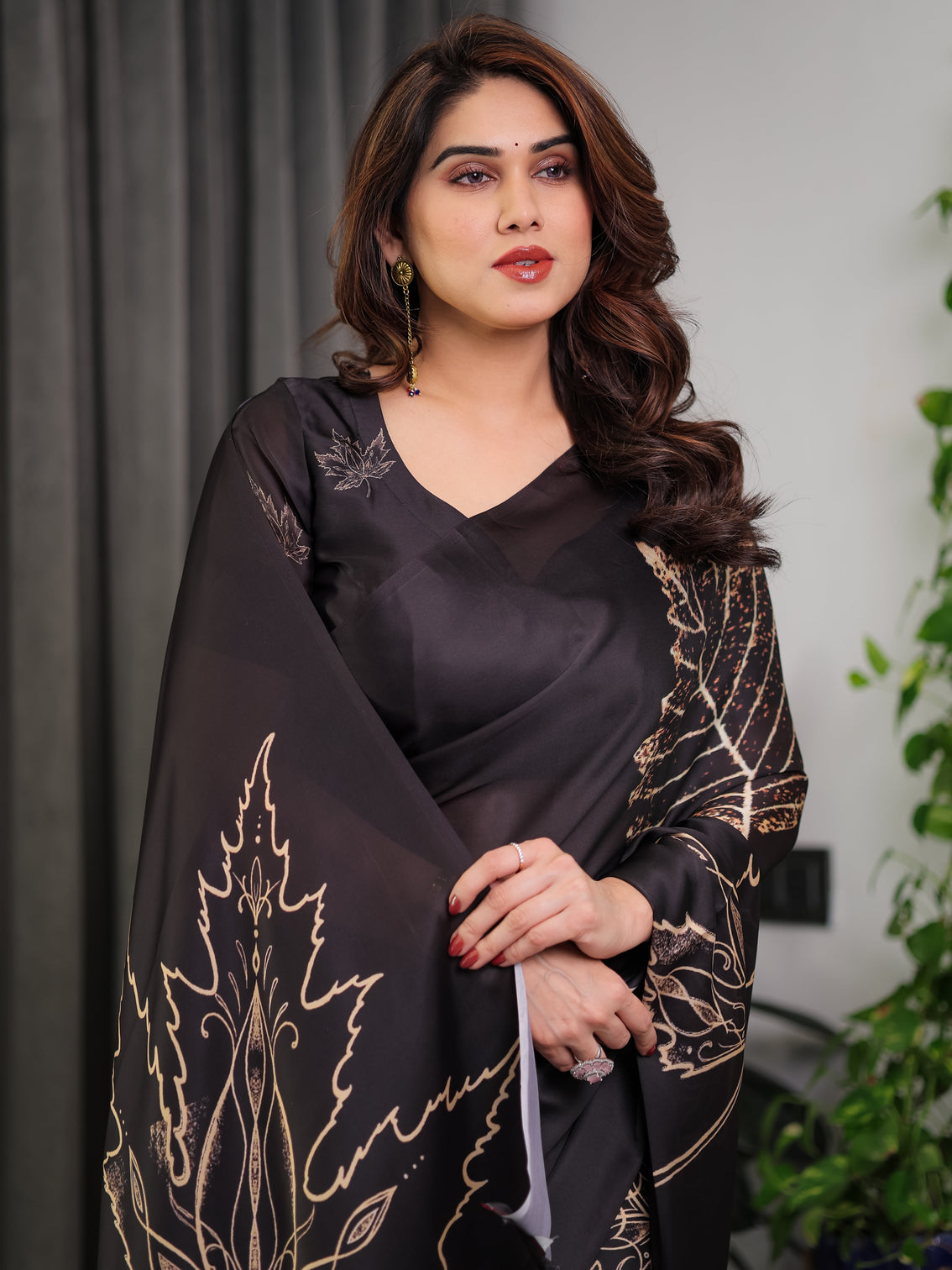 Black satin georgette saree with gold leaf outline print designer attached blouse elegant minimal botanical saree