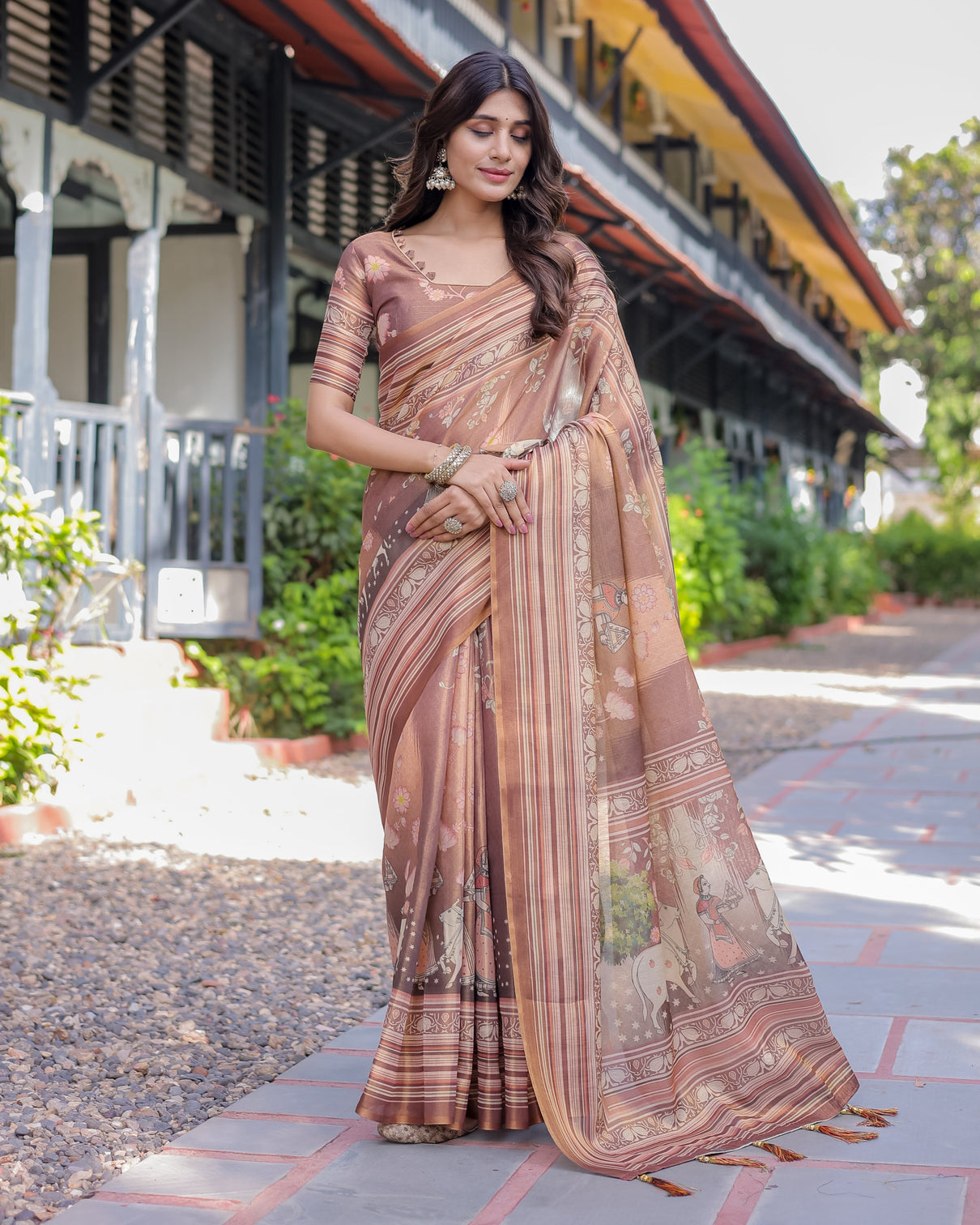 Divine brown handloom cotton saree with radha krishna cow motif ethnic village charm