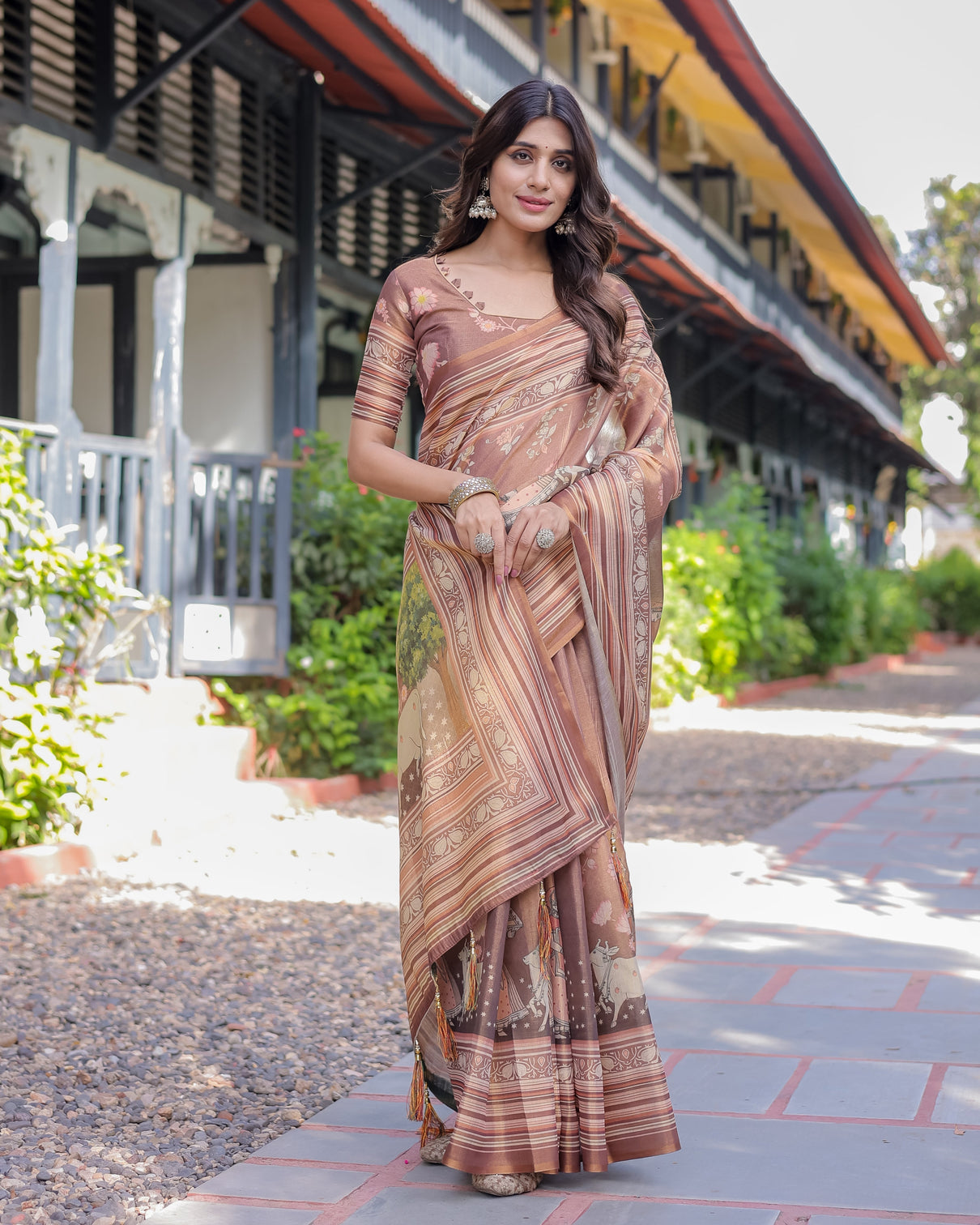 Divine brown handloom cotton saree with radha krishna cow motif ethnic village charm