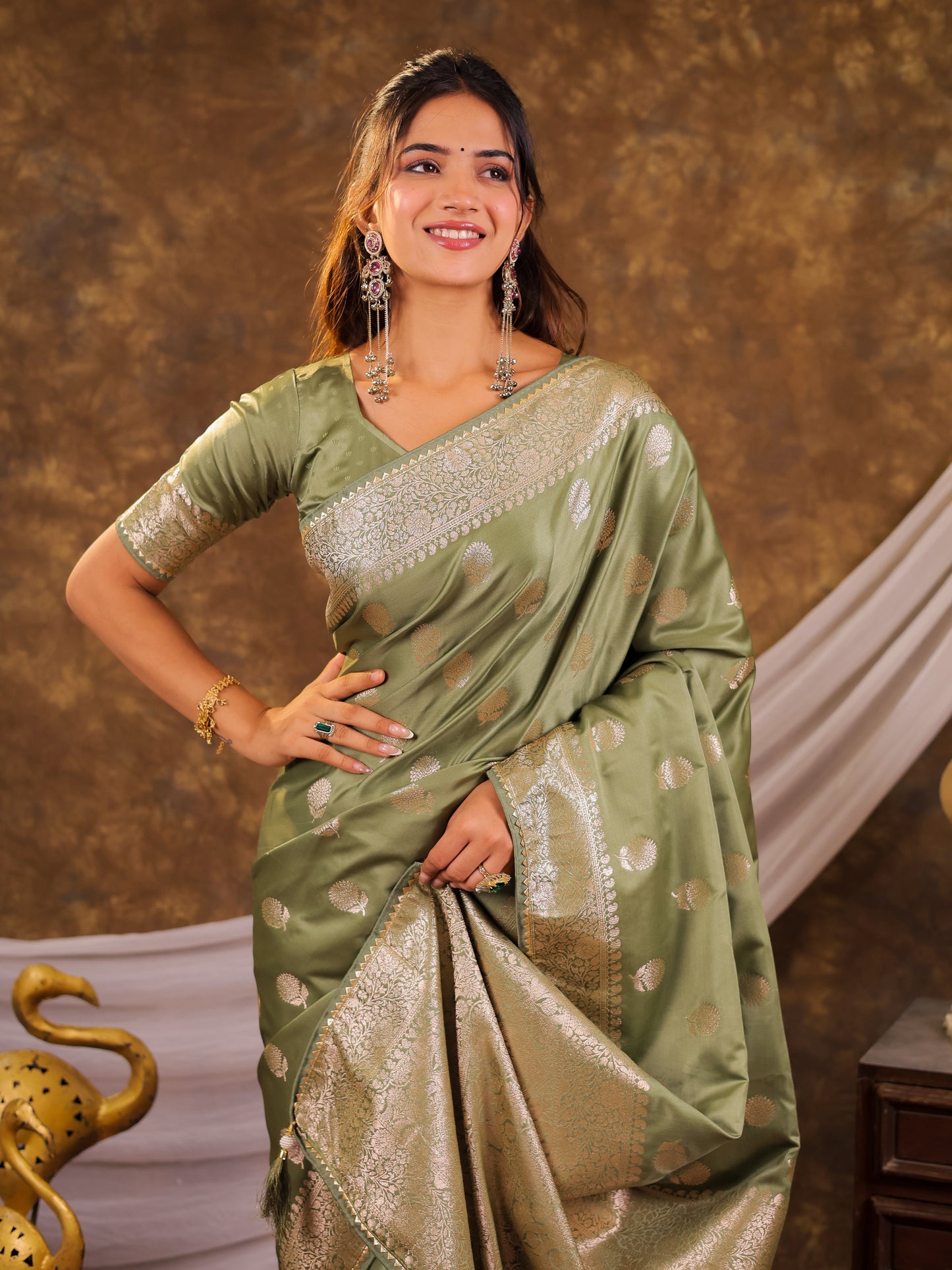 Pistachio Green Kanjivaram Banarasi Satin Silk Saree with Antique Silver Zari Weaving, Rich Heritage Pallu & Tassel Detailing