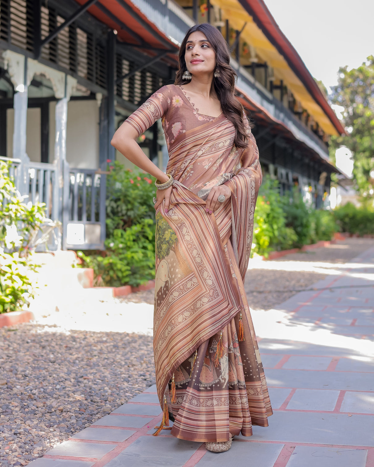 Divine brown handloom cotton saree with radha krishna cow motif ethnic village charm