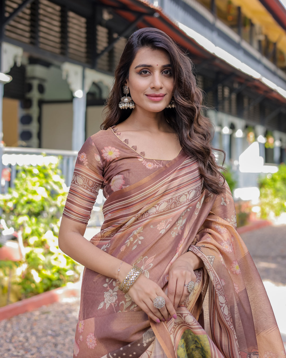 Divine brown handloom cotton saree with radha krishna cow motif ethnic village charm