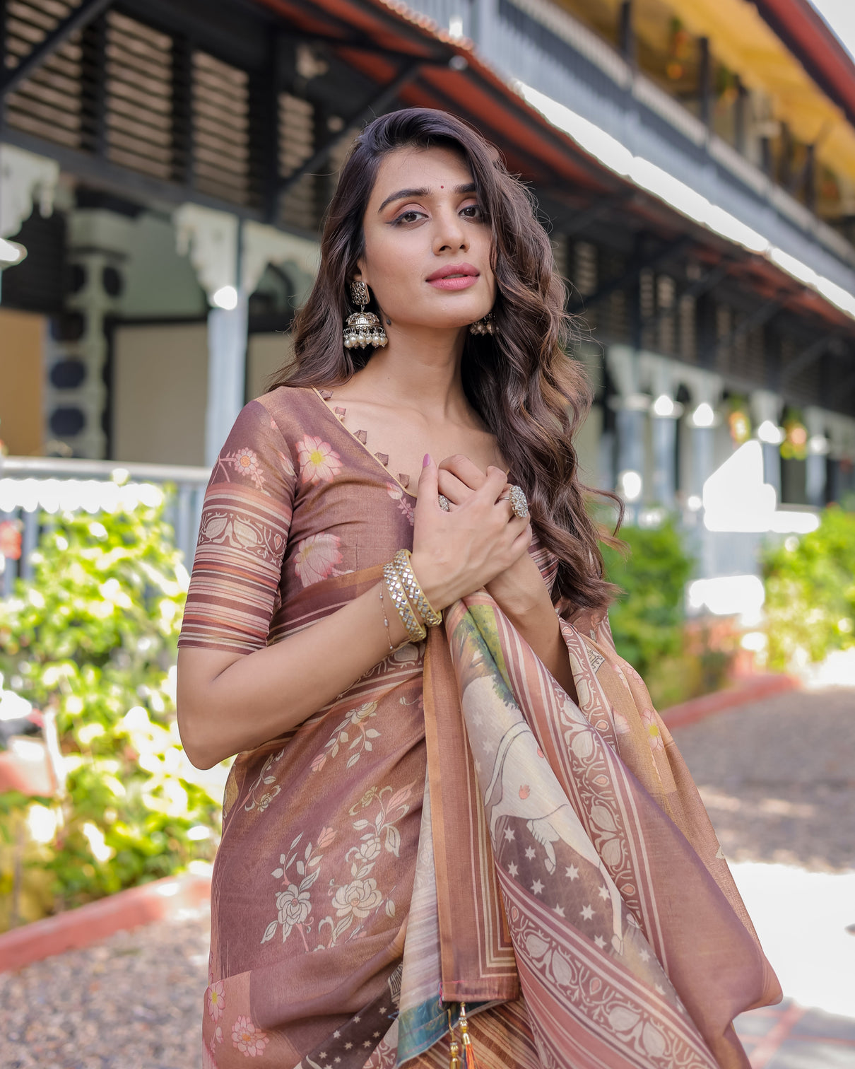 Divine brown handloom cotton saree with radha krishna cow motif ethnic village charm