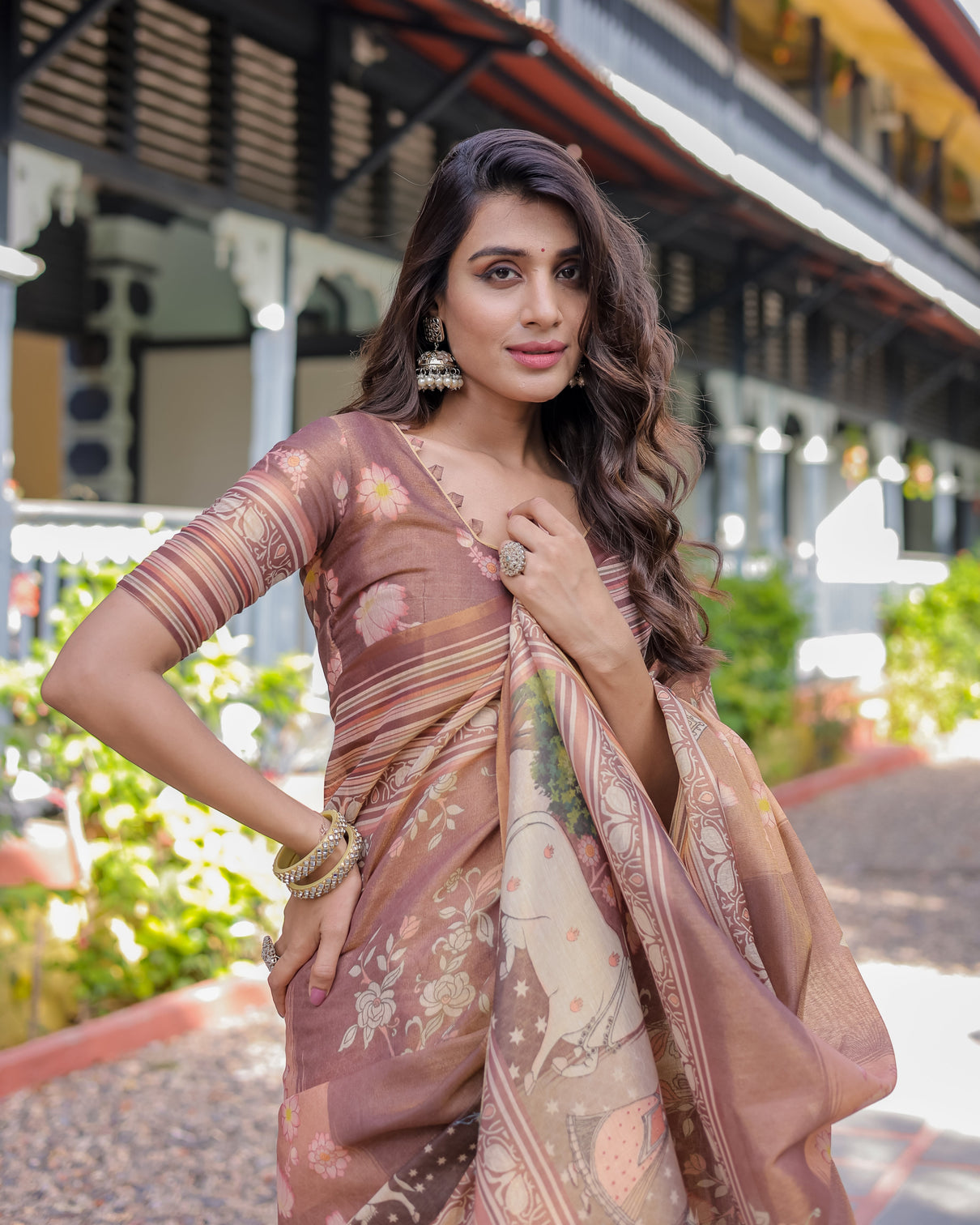 Divine brown handloom cotton saree with radha krishna cow motif ethnic village charm