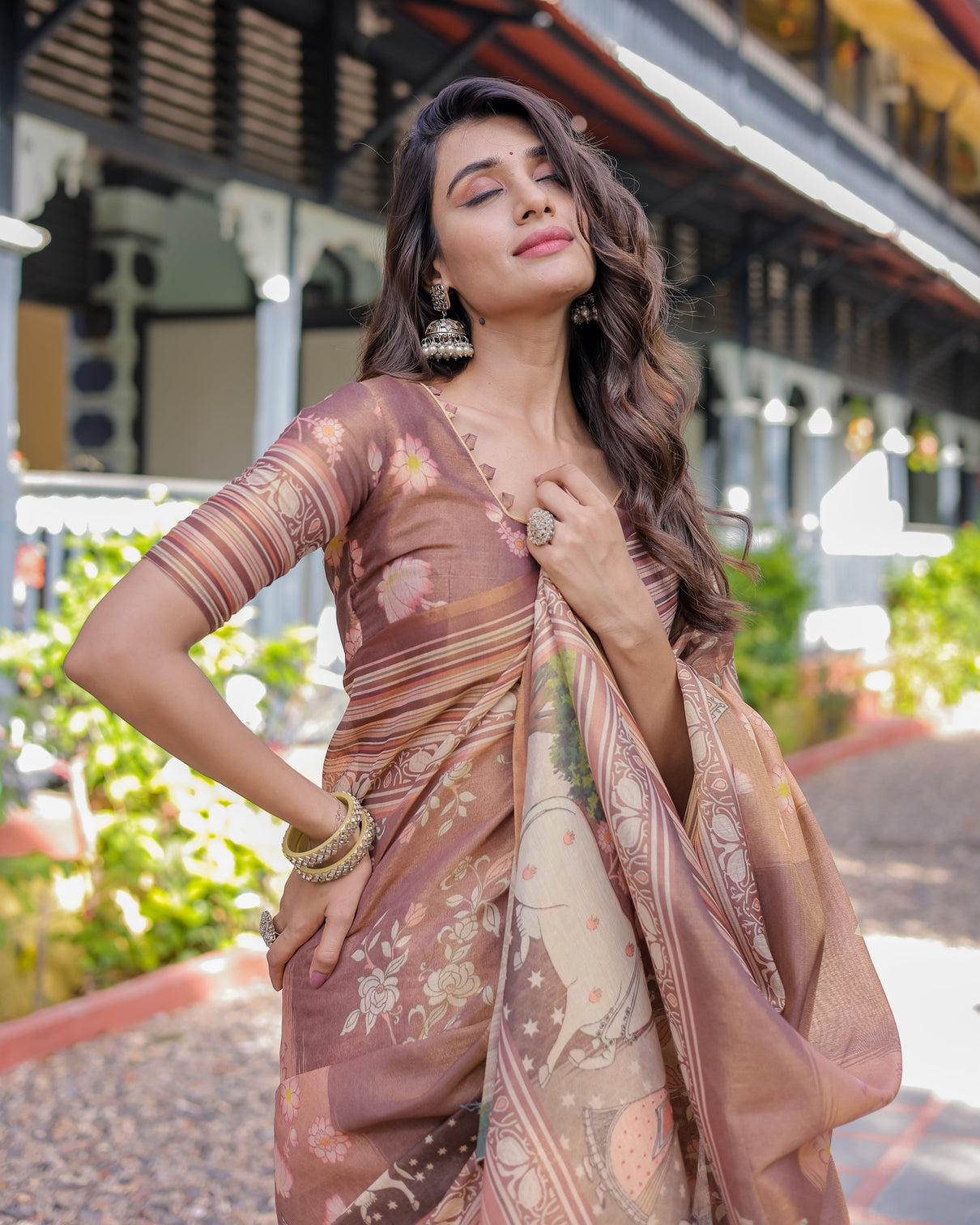 Divine brown handloom cotton saree with radha krishna cow motif ethnic village charm