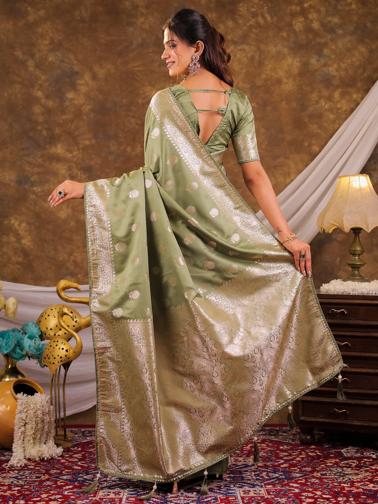 Pistachio Green Kanjivaram Banarasi Satin Silk Saree with Antique Silver Zari Weaving, Rich Heritage Pallu & Tassel Detailing