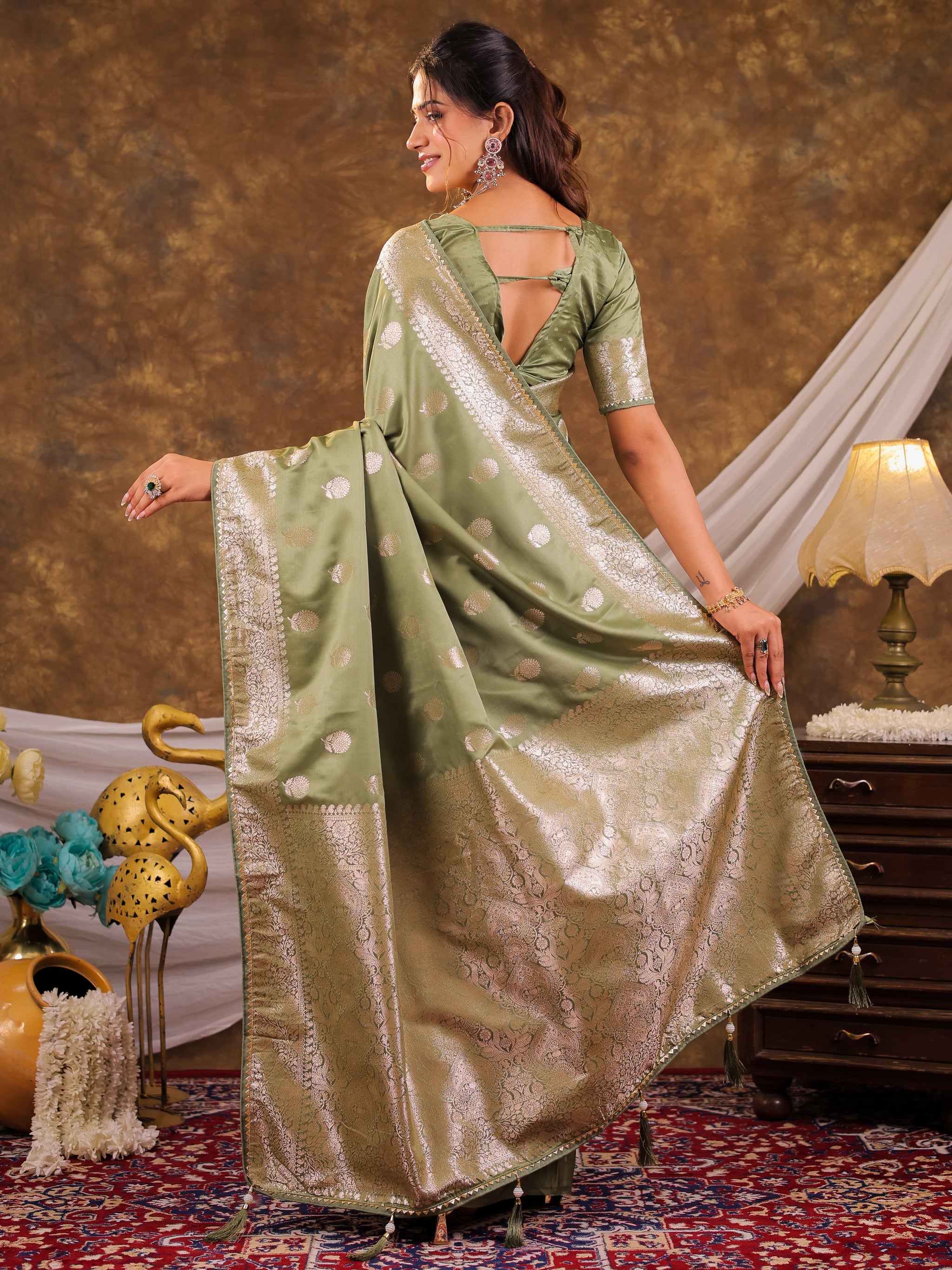 Pistachio Green Kanjivaram Banarasi Satin Silk Saree with Antique Silver Zari Weaving, Rich Heritage Pallu & Tassel Detailing