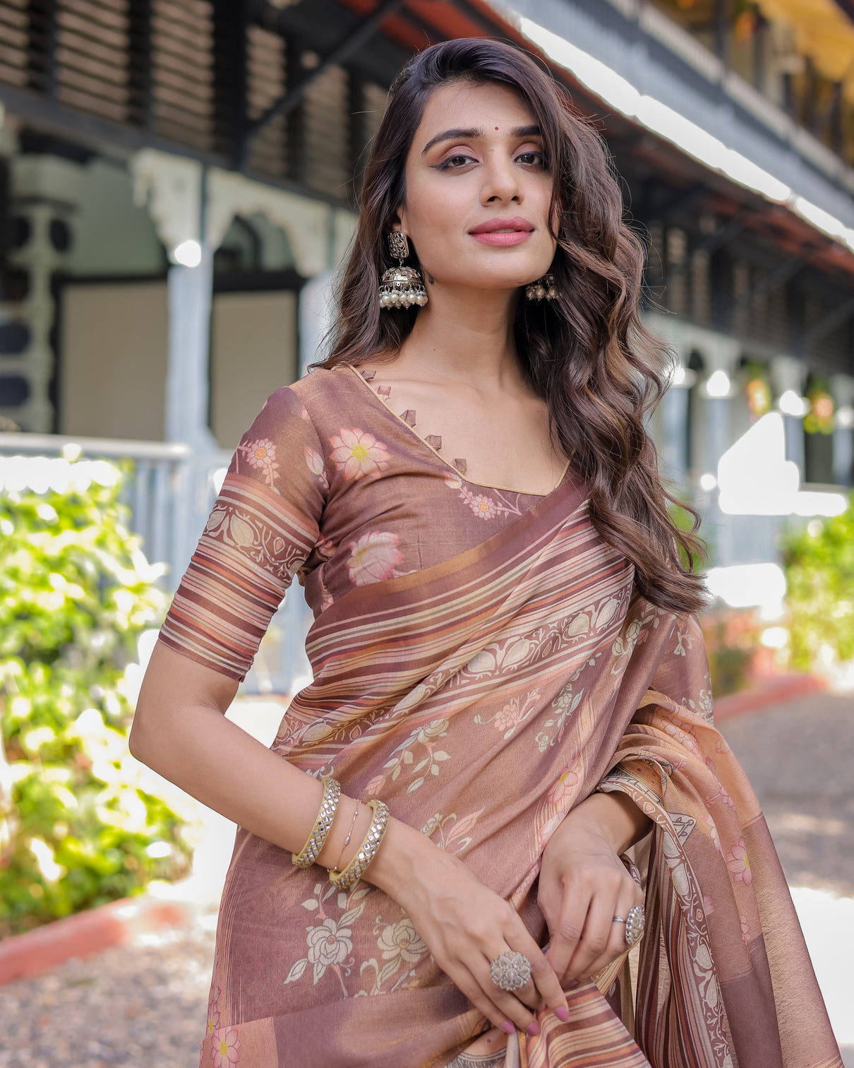 Divine brown handloom cotton saree with radha krishna cow motif ethnic village charm