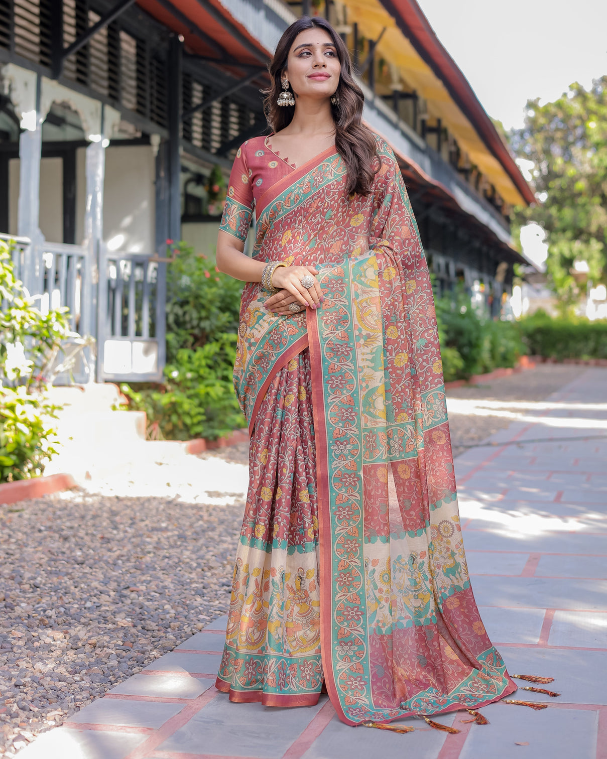 Rust maroon handloom cotton saree with folk procession pallu floral vine print